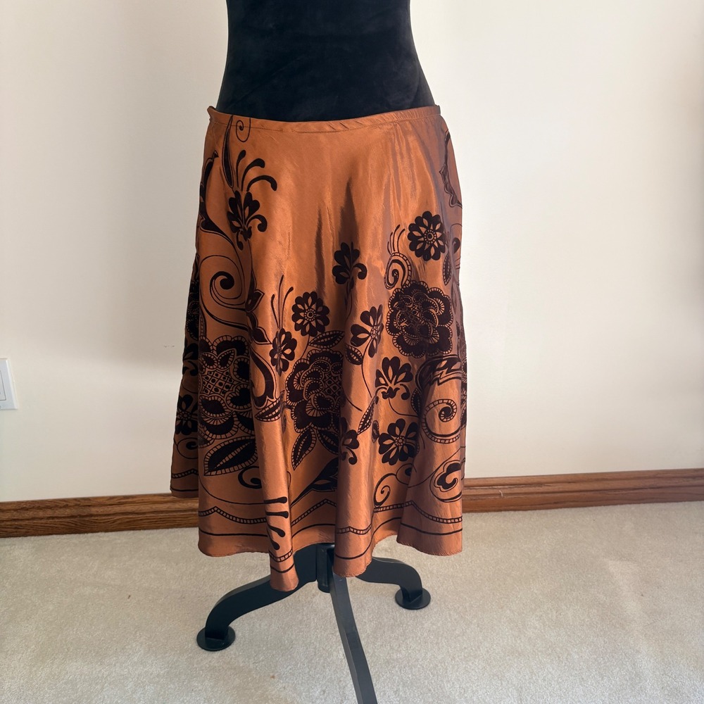 Coldwater Creek Skirt Womens PM Petite Copper Brown Flocked Floral Velvet Midi - Picture 2 of 6